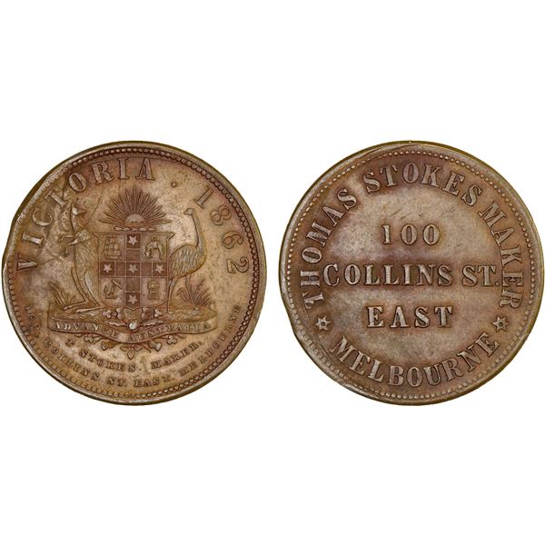 AUSTRALIA: AE penny token (13.77g), 1862, XF