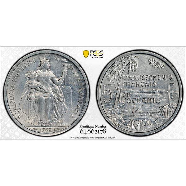 FRENCH OCEANIA: French Overseas Territory, 5 francs, 1952, PCGS Specimen 65