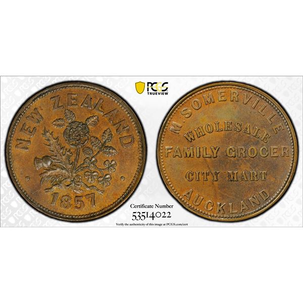 NEW ZEALAND: AE penny token, 1857, PCGS MS62 BN