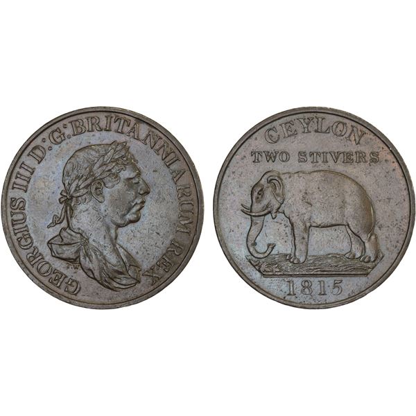 CEYLON: George III, 1760-1820, AE 2 stivers, 1815, XF-AU