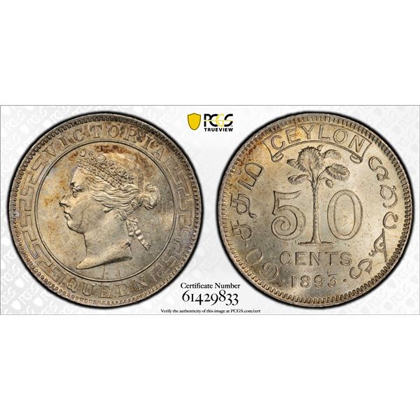 CEYLON: Victoria, 1837-1901, AR 50 cents, 1893, PCGS MS62