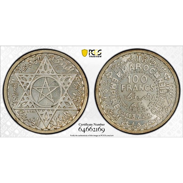 MOROCCO: Muhammad V, 1927-1962, AR 100 francs, 1953/AH1372, PCGS Specimen 67