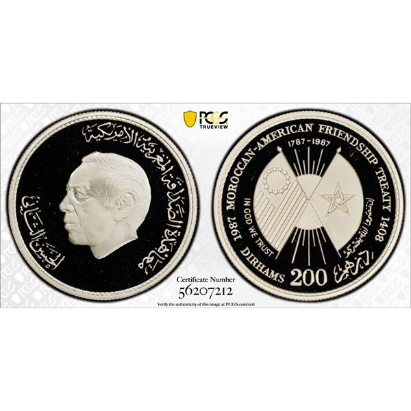 MOROCCO: al-Hassan II, 1962-1999, AR 200 Dirhams, 1987/AH1407, PCGS PF69 Deep Cameo