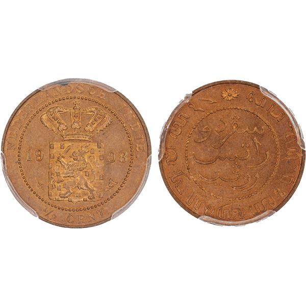 NETHERLANDS EAST INDIES: Wilhelmina, 1890-1948, AE 1/2 cent, 1908, PCGS MS66 RD