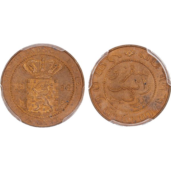 NETHERLANDS EAST INDIES: Wilhelmina, 1890-1948, AE 1/2 cent, 1908, PCGS MS66 RD