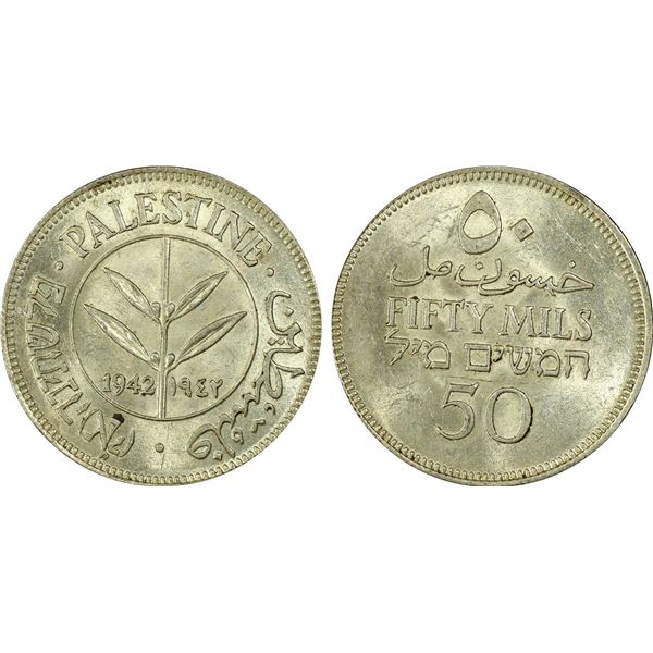 PALESTINE: British Mandate, AR 50 mils, 1942, PCGS MS62
