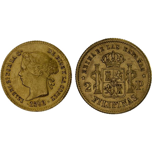 PHILIPPINES: Isabel II, 1833-1868, AV 2 pesos, 1862, XF