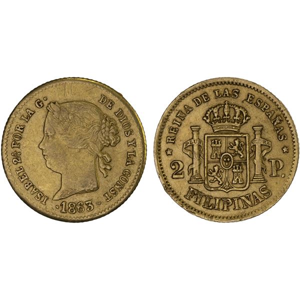 PHILIPPINES: Isabel II, 1833-1868, AV 2 pesos, 1863, Choice VF