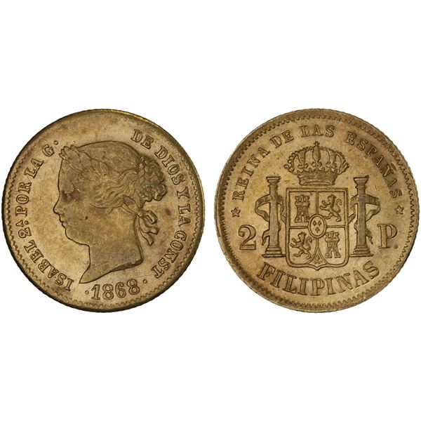 PHILIPPINES: Isabel II, 1833-1868, AV 2 pesos, 1868, Choice XF