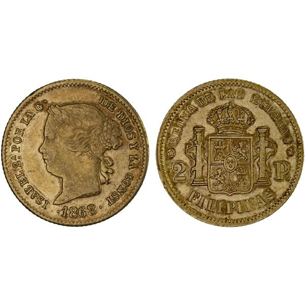 PHILIPPINES: Isabel II, 1833-1868, AV 2 pesos, 1868, XF