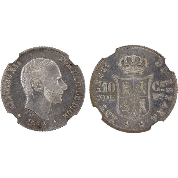 PHILIPPINES: Alfonso XII, 1874-1885, AR 10 centavos, 1885, NGC MS65