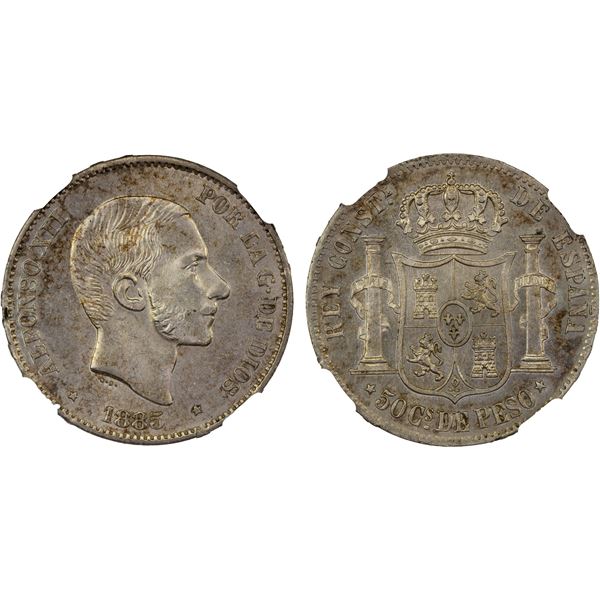 PHILIPPINES: Alfonso XII, 1874-1885, AR 50 centimos, 1885, NGC MS63
