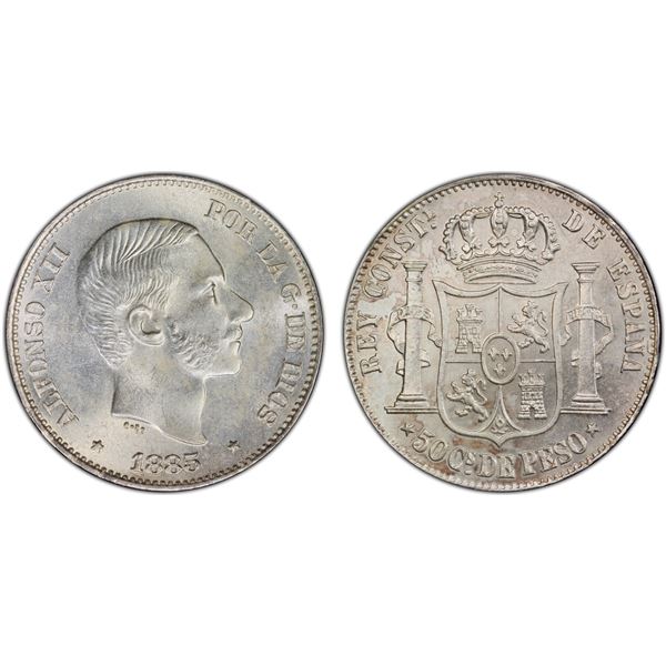 PHILIPPINES: Alfonso XII, 1874-1885, AR 50 centimos, 1885, PCGS MS63