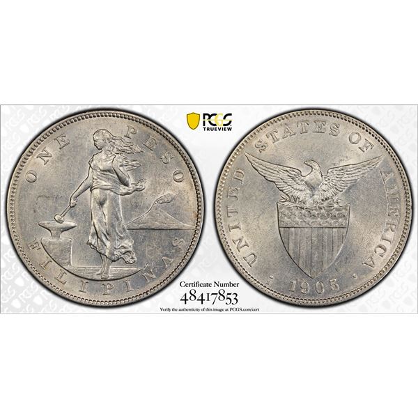 PHILIPPINES: U.S. Territory, AR peso, 1905-S, PCGS AU55