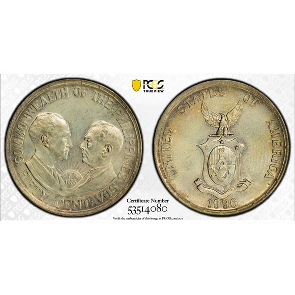 PHILIPPINES: Commonwealth, AR 50 centavos, 1936-M, PCGS UNC details