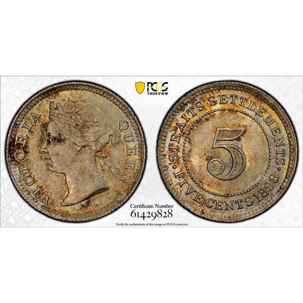 STRAITS SETTLEMENTS: Victoria, 1867-1901, AR 5 cents, 1898, PCGS MS64