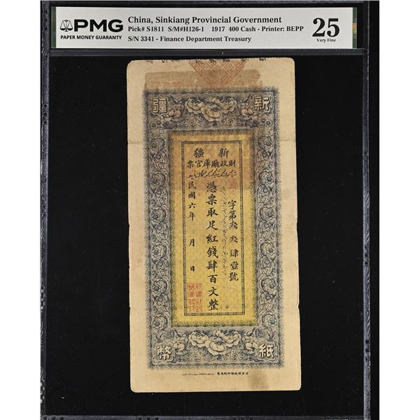 SINKIANG: 400 red cash, year 6 (1917), PMG VF25