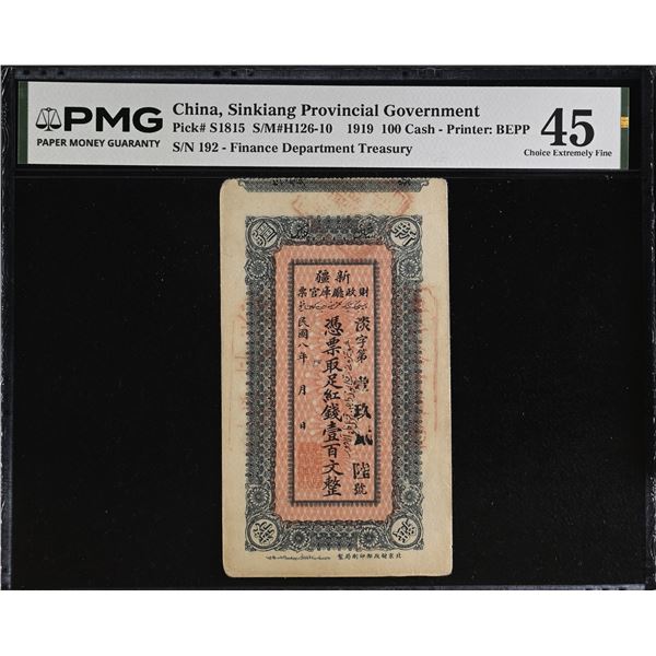 SINKIANG: 100 red cash, year 8 (1919), PMG XF45