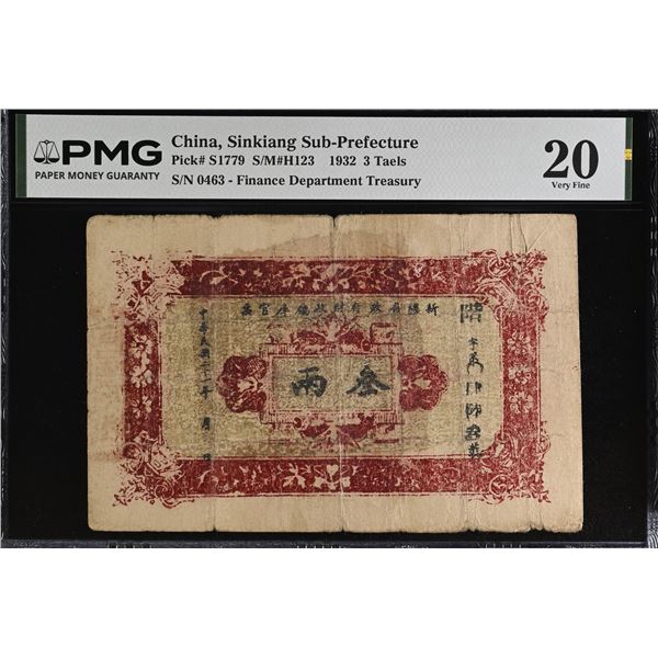 SINKIANG: 3 taels, year 21 (1932), PMG VF20