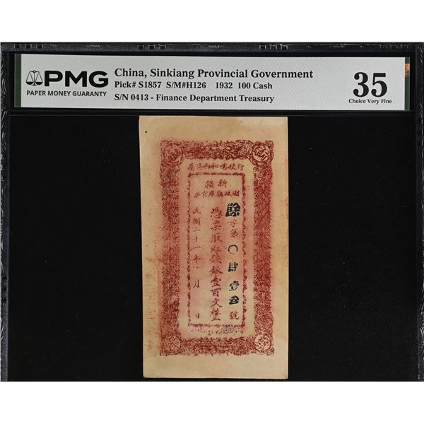 SINKIANG: 100 red cash, year 21 (1932), PMG VF35