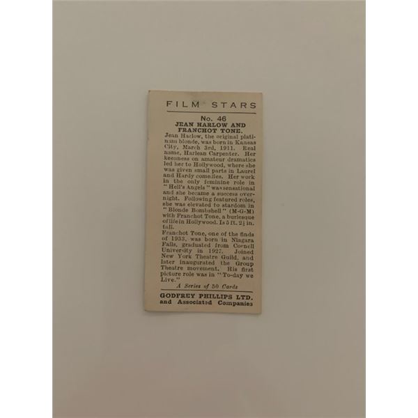 Jean Harlow and Franchot Tone unsigned cigarette card