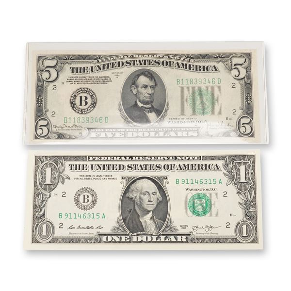 2pc 1934D, 2013 U.S. Federal Reserve One & Five Dollars Note