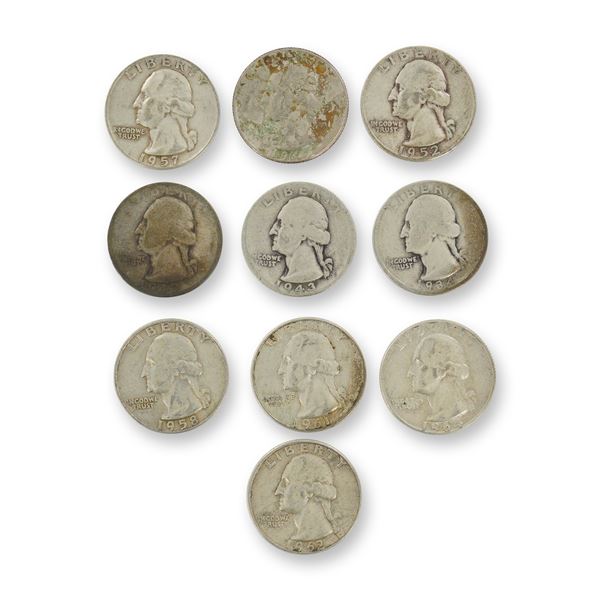 10pc Collection of US Silver Washington Quarters,1934-1963