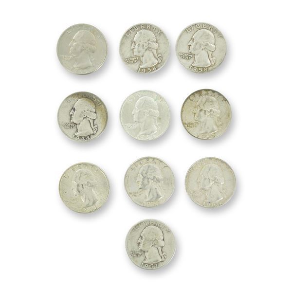 10pc Pre-1964 U.S. 90% Silver Washington Quarters