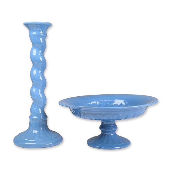 2pc Aqua Blue Compote Dish and Candlestick Holder