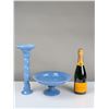 Image 4 : 2pc Aqua Blue Compote Dish and Candlestick Holder