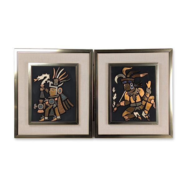 2pc Los Castillo Style Mexican Mixed-Metal Mesoamerican Warrior Wall Plaques