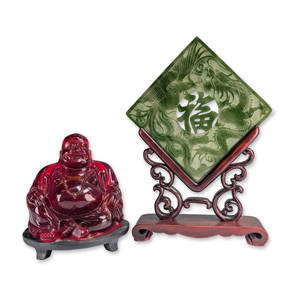 2pc Chinese Carved Jade Table Screen and Buddha Figurine