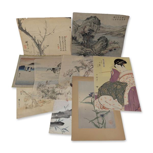 Collection of Twelve Japanese Woodblock Prints and Drawings