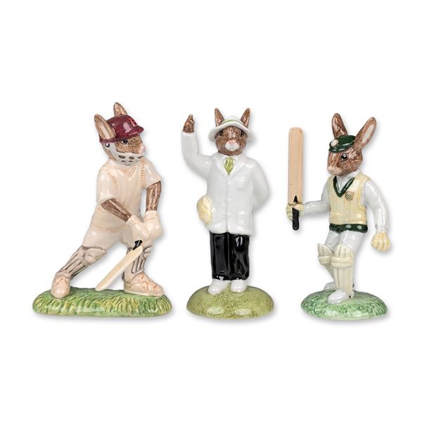 Trio of Royal Doulton Bunnykins Cricket Figurines