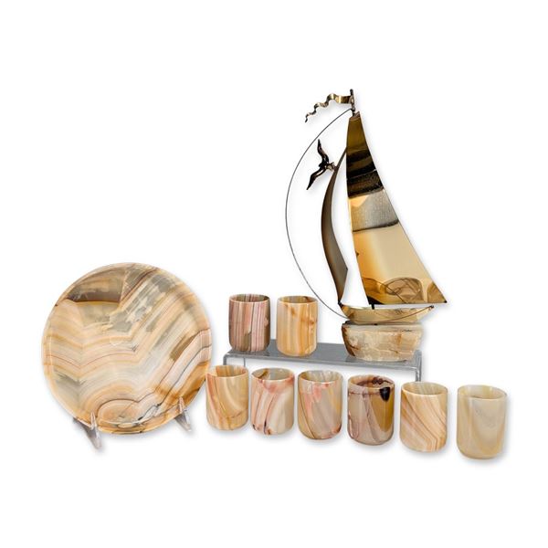 10pc DeMott Onyx and Metal Boat & Shot Glasses with Charger