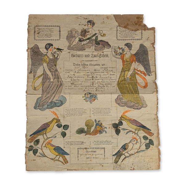 Antique Pennsylvania German Fraktur Birth and Baptismal Certificate, Taufschein