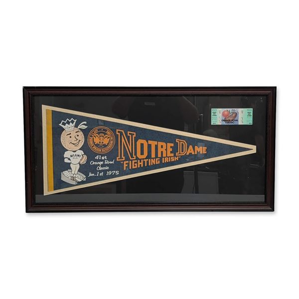 Commemorative Framed 1975 Orange Bowl Notre Dame Pennant and Ticket