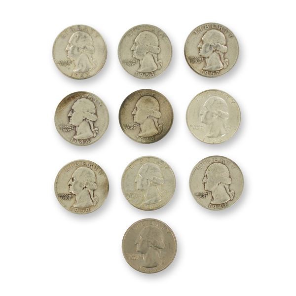 10pc Pre-1964 U.S. 90% Silver Washington Quarters