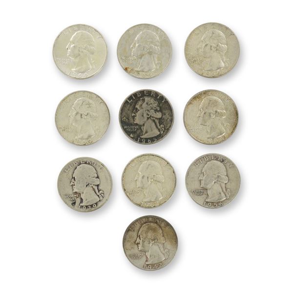 10pc Pre-1964 U.S. 90% Silver Washington Quarters