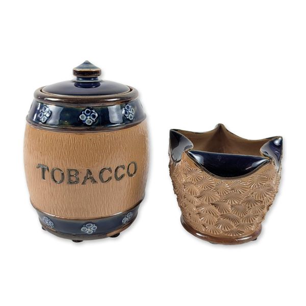 2pc Royal Doulton Lambeth Stoneware Tobacco Jar and Match Striker