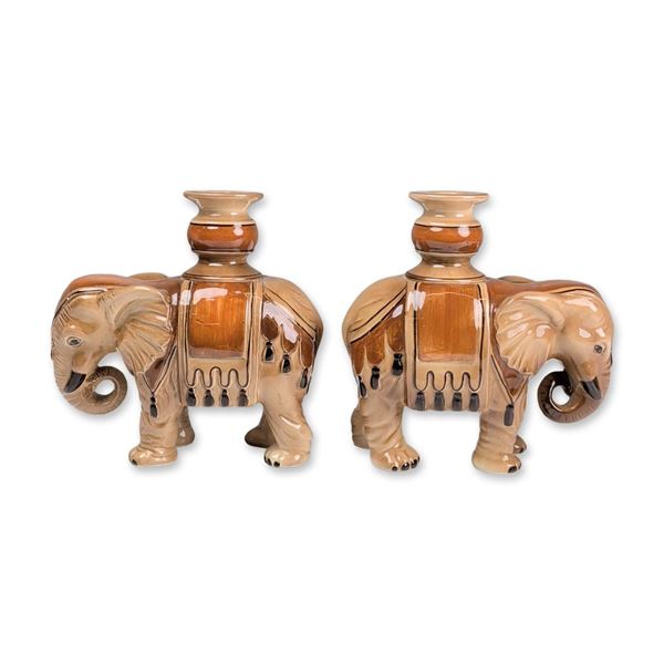 Pair of Fitz and Floyd Glazed Ceramic Elephant Candleholders