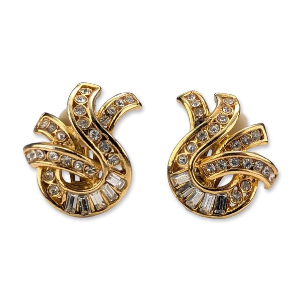 Pair of Gold Toned Rhinestone Swirl Clip Earrings