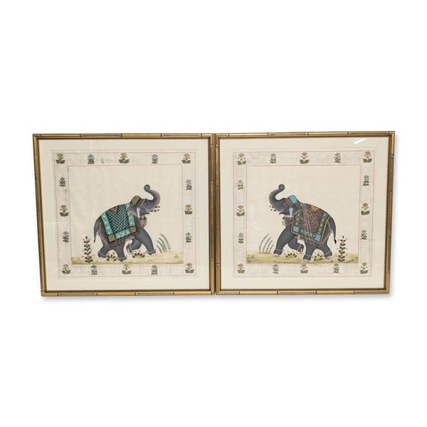 Pair of Indian Mughal Style Elephant Silk Paintings Framed