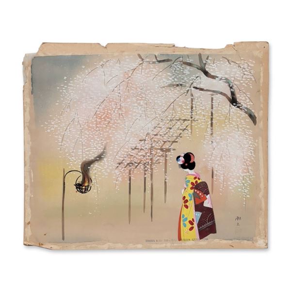Japanese Gouache and Ink on Fabric, Cherry Blossom Garden Scene, Signed