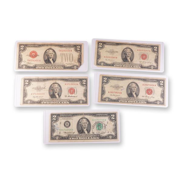 5pc 1928, 1958, & 1976 United States $2 Banknotes