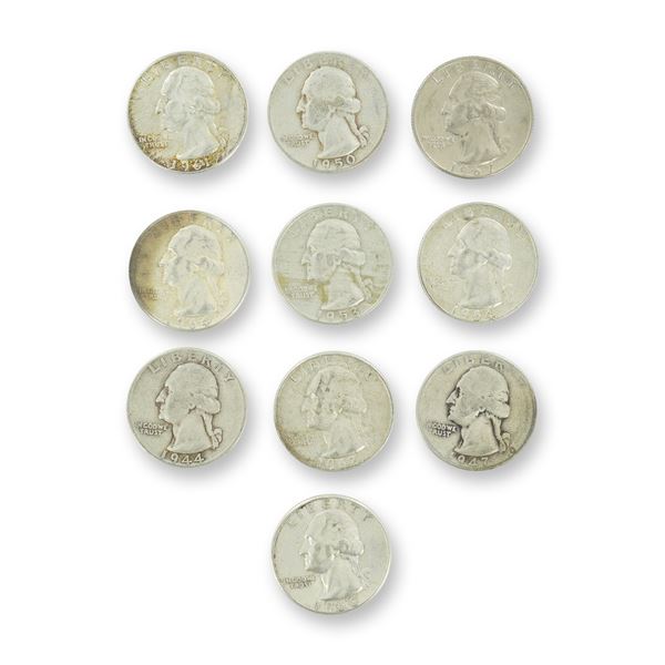 10pc Pre-1964 U.S. 90% Silver Washington Quarters