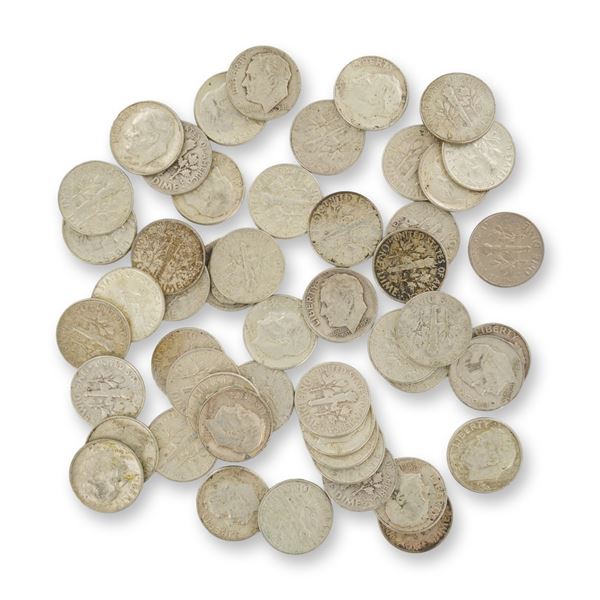 50pc Collection of US 90% Silver Roosevelt Dimes, Mixed Date Bag