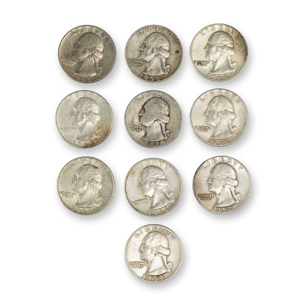 10pc Pre-1964 U.S. 90% Silver Washington Quarters