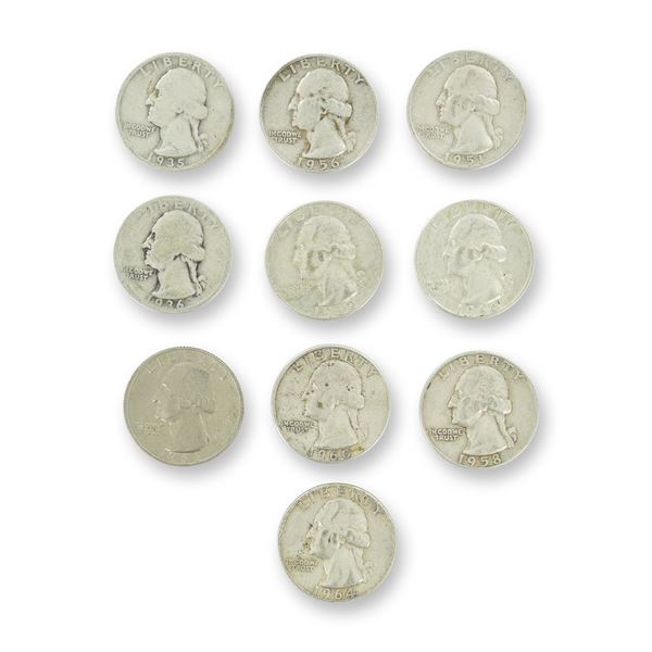 10pc Pre-1964 U.S. 90% Silver Washington Quarters