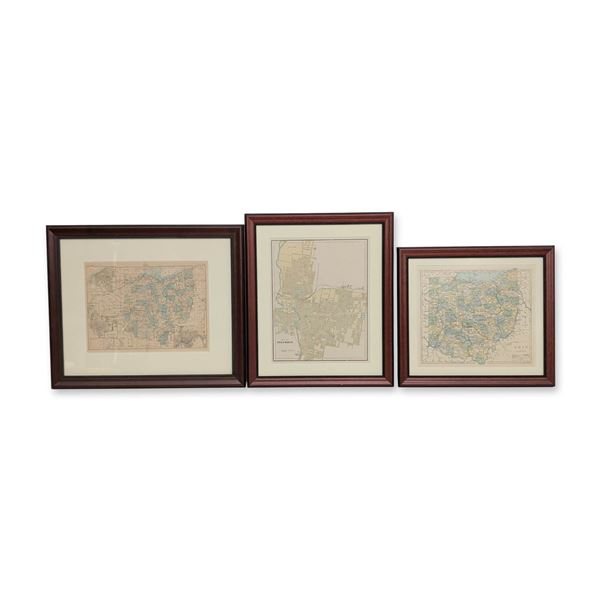 Three Framed Cartographic Prints of Ohio and Columbus